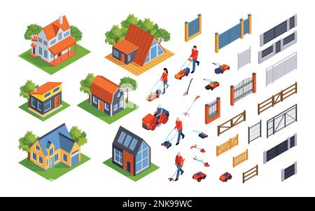 Rasaerba isometrico per recinzione casa con icone isolate di parti di siepe erba e abitazioni moderne illustrazione vettoriale Illustrazione Vettoriale