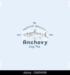 Nuovo simbolo vettoriale, simbolo o modello di logo per astrazione Anchovy locale. Pesce di Anchovy disegnato a mano con Premium retro Typography. Elegante emblema Vector Concep Illustrazione Vettoriale