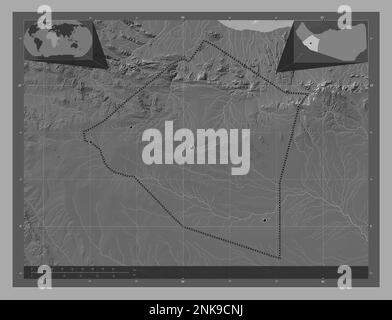 Maroodi Jeex, regione del Somaliland. Mappa altimetrica bilivello con laghi e fiumi. Posizioni delle principali città della regione. Posizione ausiliaria angolo ma Foto Stock
