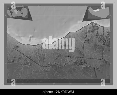 Sahil, regione del Somaliland. Mappa in scala di grigi con laghi e fiumi. Posizioni delle principali città della regione. Mappe delle posizioni ausiliarie degli angoli Foto Stock