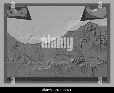 Sahil, regione del Somaliland. Mappa altimetrica bilivello con laghi e fiumi. Mappe delle posizioni ausiliarie degli angoli Foto Stock