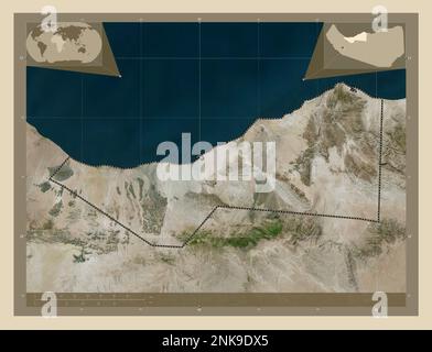 Sahil, regione del Somaliland. Mappa satellitare ad alta risoluzione. Mappe delle posizioni ausiliarie degli angoli Foto Stock