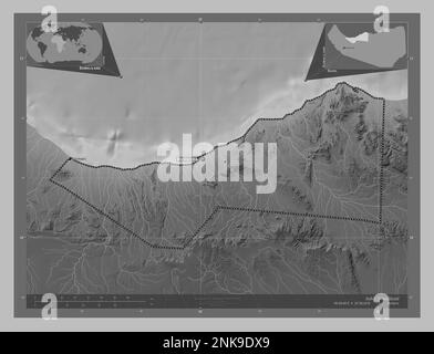 Sahil, regione del Somaliland. Mappa in scala di grigi con laghi e fiumi. Località e nomi delle principali città della regione. Posizione ausiliaria d'angolo Foto Stock