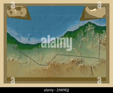 Sahil, regione del Somaliland. Mappa di altitudine colorata con laghi e fiumi. Posizioni delle principali città della regione. Mappe delle posizioni ausiliarie degli angoli Foto Stock