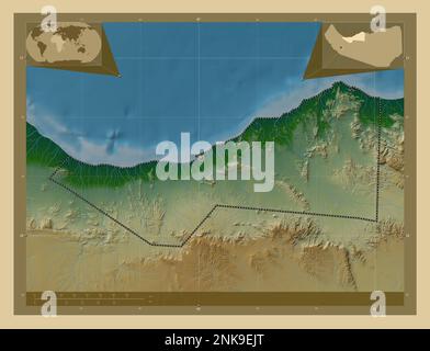 Sahil, regione del Somaliland. Mappa di altitudine colorata con laghi e fiumi. Mappe delle posizioni ausiliarie degli angoli Foto Stock