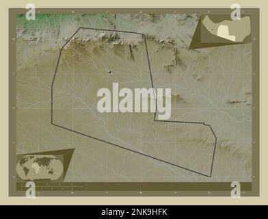 Togdheer, regione del Somaliland. Mappa dell'altitudine colorata in stile wiki con laghi e fiumi. Mappe delle posizioni ausiliarie degli angoli Foto Stock