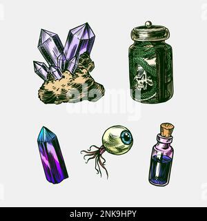 Palla magica bohémien con gli occhi schizzo. Mani Fortune. Occhio e corvo, gatto sul cranio, farfalla e cristallo. Incisione vintage occulto esoterico mistico Illustrazione Vettoriale