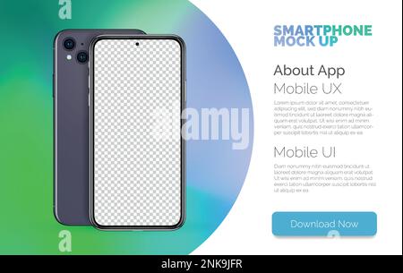 Smartphone isolato in bianco con schermo trasparente vuoto. Smartphone vettoriale 3D ricco di dettagli nella vista anteriore e posteriore per mostrare il design dell'interfaccia utente dell'app. Realistico telefono cellulare mockup per la presentazione Illustrazione Vettoriale