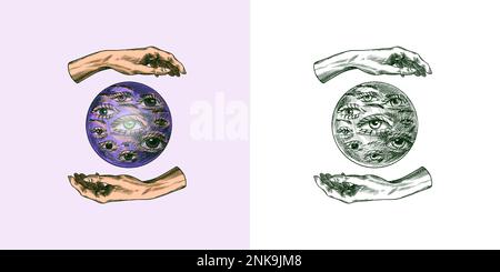 Palla magica bohémien con gli occhi schizzo. Fortuna mani. Incisione vintage elemento occulto mistico esoterico in stile boho. Profilo di Doodle. Disegno a mano Illustrazione Vettoriale