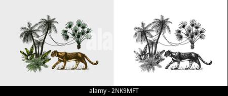 Tigre selvatiche e piante esotiche. Alberi tropicali. Paesaggio orientale. Natura esotica. Giungla lineare. Disegno a mano in stile vintage. Illustrazione Vettoriale