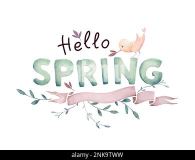 Ciao primavera, lettere a mano, lettere grandi, nastro, uccello, Filiali, elementi di design dell'invito, colori neutri di genere, Clipart acquerello Foto Stock