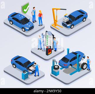 Composizioni isometriche per l'assistenza di autoveicoli con personale dell'officina che esegue la diagnostica manutenzione equilibratura delle ruote illustrazione vettoriale isolata Illustrazione Vettoriale