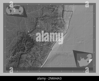 KwaZulu-Natal, provincia del Sudafrica. Mappa in scala di grigi con laghi e fiumi. Posizioni delle principali città della regione. Posizione ausiliaria d'angolo Foto Stock