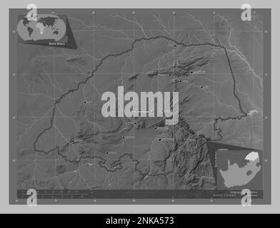 Limpopo, provincia del Sud Africa. Mappa in scala di grigi con laghi e fiumi. Località e nomi delle principali città della regione. Angolo ausiliario Foto Stock