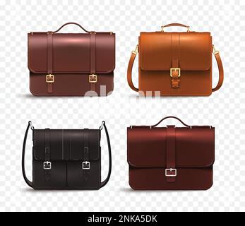 Realistic business bag uomo in pelle set con quattro diverse borse valigetta accessori alla moda su sfondo trasparente vettoriale illustrazione Illustrazione Vettoriale