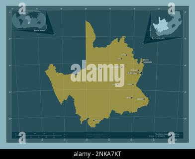 Capo Settentrionale, provincia del Sudafrica. Forma a tinta unita. Località e nomi delle principali città della regione. Mappe delle posizioni ausiliarie degli angoli Foto Stock