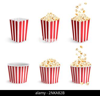 Icone di popcorn realistiche con confezioni di cartone piene e vuote e secchielli con illustrazione vettoriale isolata Illustrazione Vettoriale