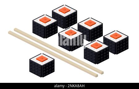 Set di sushi tekka maki con bastoni di bambù in isometrica. Clipart del vettore Illustrazione Vettoriale