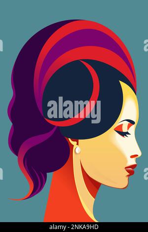 Female portrait in profile, 1960s, 1970s, 1980s poster style, retro, futuristic, strong healthy hair, beauty salon advertising Illustrazione Vettoriale
