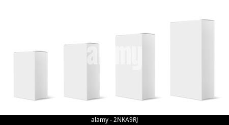 Set di modelli di box realistici con immagini isolate di quattro caselle bianche in scala simile di illustrazioni vettoriali di dimensioni diverse Illustrazione Vettoriale