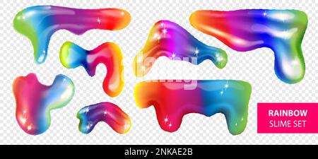 Set di slime con glitter arcobaleno realistico con blot curvy isolati di liquido colorato arcobaleno su sfondo trasparente illustrazione vettoriale Illustrazione Vettoriale