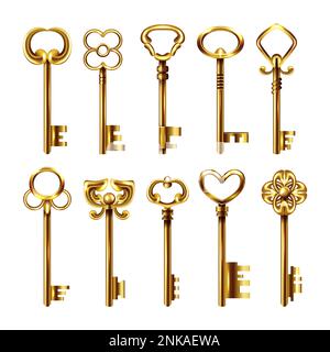 Set con isolate realistiche icone d'oro retrò tasti con immagini tasti ornate su sfondo bianco vettore illustrazione Illustrazione Vettoriale
