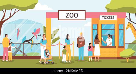 Ingresso allo zoo con persone con bambini in fila e acquisto di biglietti per l'illustrazione vettoriale piatto Illustrazione Vettoriale