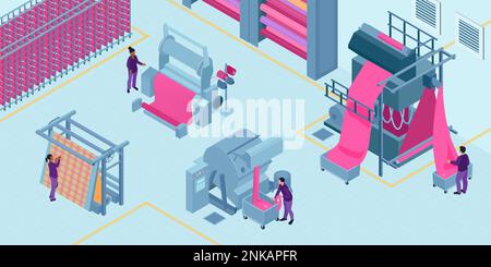 Composizione isometrica dell'industria tessile con vista interna della fabbrica di tessuti con macchine ed illustrazione vettoriale degli operatori umani Illustrazione Vettoriale