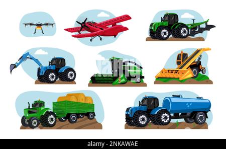 Le macchine agricole trasportano un set di veicoli isolati piani con trattori, escavatori e mietitrebbie con illustrazione vettoriale di aeroplani Illustrazione Vettoriale