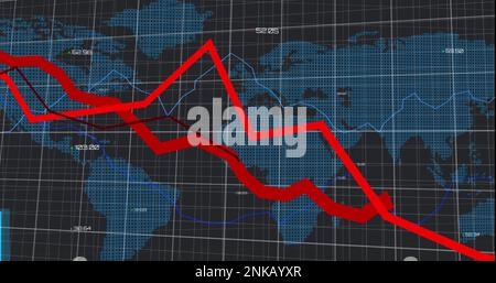 Immagine di grafici rossi e blu che si formano con una griglia su una mappa del mondo con numeri variabili che oscillano Foto Stock