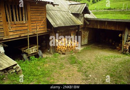 Strutture in legno su una proprietà rurale nella contea di Suceava, Romania, circa 2000 Foto Stock