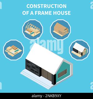 Concetto isometrico di costruzione modulare con le fasi di costruzione della casa del telaio illustrazione vettoriale Illustrazione Vettoriale