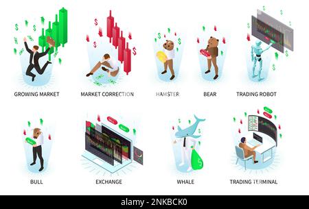 Trading isometric recolor set con balena e simboli orso isolato vettore illustrazione Illustrazione Vettoriale