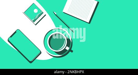 Una tazza di caffè, un telefono e altre cose su una superficie verde menta in uno stile monocromatico. Posto vicino per testo o spazio di copia Illustrazione Vettoriale