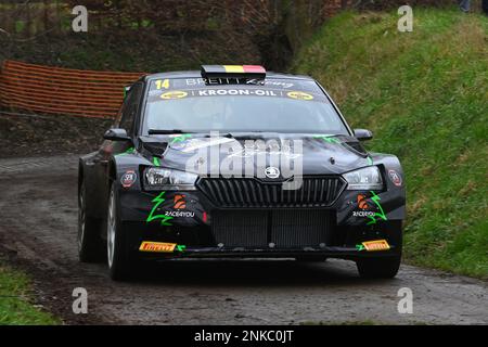 Sint-Truiden (Belgio), 23/02/2023, il belga Emile Breittmayer e Alexis Thomas nella loro Skoda Fabia Evo nella foto durante il test di Shakedown prima dell'evento Haspengouw Rally di questo fine settimana, giovedì 23 febbraio 2023 a Sint-Truiden, la prima tappa del Campionato belga Rally. BELGA FOTO LUC CLAESSEN Foto Stock