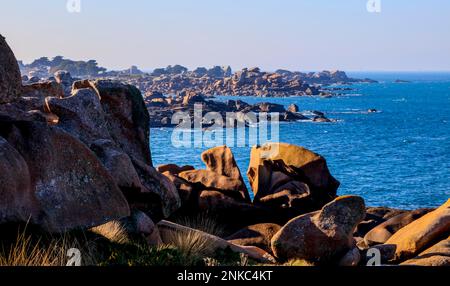 Costa rocciosa intorno al faro Phare de Mean Ruz, Ploumanach, Perros-Guirec, Cote de Granit Rose, dipartimento Cotes-dArmor, regione Bretagne Breizh Foto Stock
