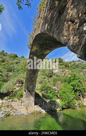 Ponte a Zaglia sul fiume Ota nella gola Spelunca tra Evisa e Porto, Corsica, Francia Foto Stock