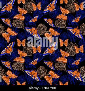 Motivo floreale senza cuciture con farfalle arancioni e fiori blu in disegno vettoriale tecnica doodle Illustrazione Vettoriale