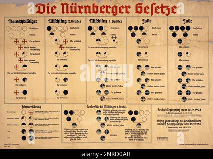 Grafico per descrivere le leggi di Norimberga del 15 settembre 1935 e il rispettivo regolamento del 14 novembre 1935. Le "leggi di Norimberga" hanno stabilito una base giuridica per l'identificazione razziale. Solo le persone con quattro nonni tedeschi non ebrei (quattro cerchi bianchi nella riga in alto a sinistra) erano di 'sangue tedesco'. Per vedere questo grafico in inglese vedere l'immagine 2NKD0AM Foto Stock