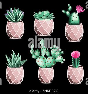 Cactus e succulenti in vasi ceramici in tecnica piatta vettoriale illustrazione Illustrazione Vettoriale