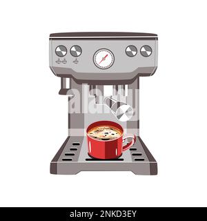 macchina per il caffè con una tazza di cappuccino in figura vettoriale tecnica piatta Illustrazione Vettoriale