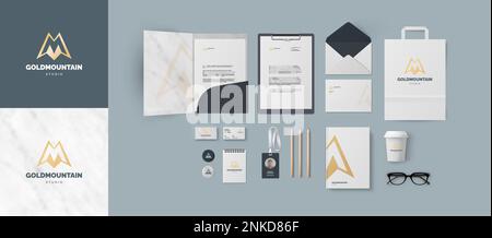 Design di branding premium per l'identità aziendale. Modello per azienda o società finanziaria. Cancelleria mockup di cartella e A4 lettera, biglietto da visita. Illustrazione Vettoriale