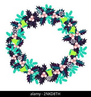 Decorazione di vacanza corona con bacche agrifoglio, rami di abete rosso, campane vettore illustrazione Illustrazione Vettoriale
