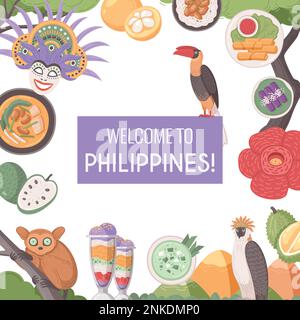 Philippines viaggio cartone animato concetto con attrazione turistica e l'illustrazione vettore cibo locale Illustrazione Vettoriale