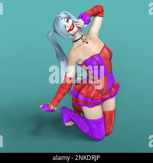 3D-illustrazione di una ragazza carina e pericolosa harlequin joker Foto Stock