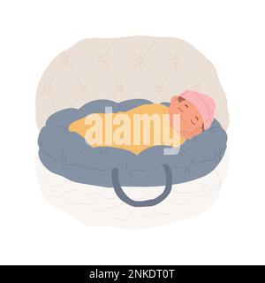 Illustrazione del vettore dei cartoni animati isolati del Cocoon del bambino. Cute neonato dorme in un cocoon coshion, nido del bambino, lettino della culla piccola, pod portatile, bambini a letto, cartone animato vettoriale di routine del sonno sano infantile. Illustrazione Vettoriale