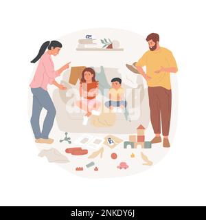 Stipando la casa isolato cartone animato illustrazione vettoriale. I genitori sono arrabbiati per la casa sudicia, mucchio di vestiti sul divano, giocattoli sparsi, stile di vita malsano, famiglia problemi vettoriali cartone animato. Illustrazione Vettoriale