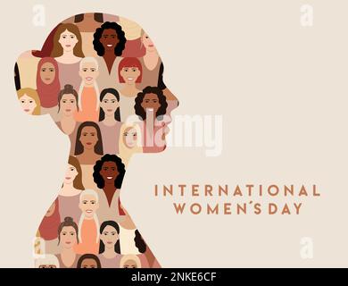 Donna faccia silhouette di profilo con ritratti di donne multiculturali e multietniche volti all'interno. Giornata internazionale della donna. 8 marzo. Donna Illustrazione Vettoriale
