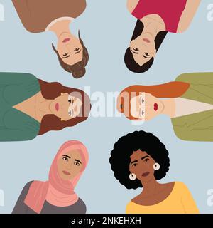Un gruppo di personaggi femminili diversi si riunisce. Giornata internazionale della donna, 8 marzo. Empowerment donna, potere ragazza, femminismo e concetto di sisterhood. Illustrazione Vettoriale