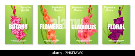Poster verticale con fiori di gladiolo realistici di diversi colori su sfondo verde isolato illustrazione vettoriale Illustrazione Vettoriale